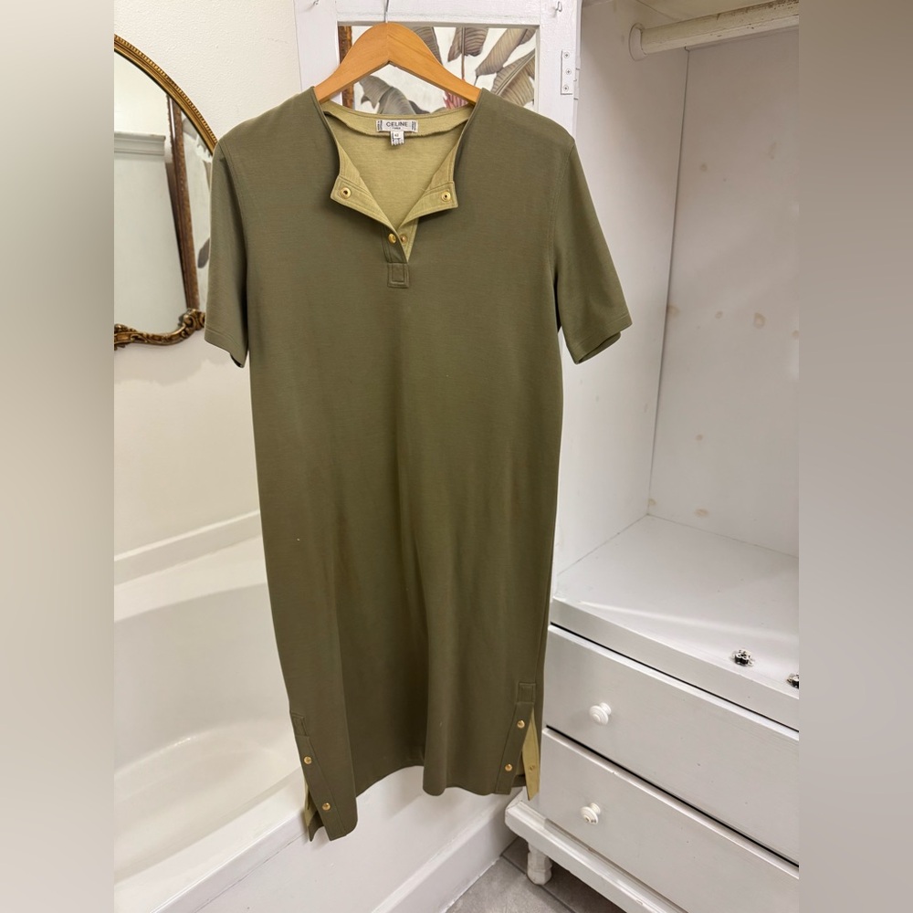 Celine Olive Green Midi Dress with Light Green Trim - Picture 2 of 5
